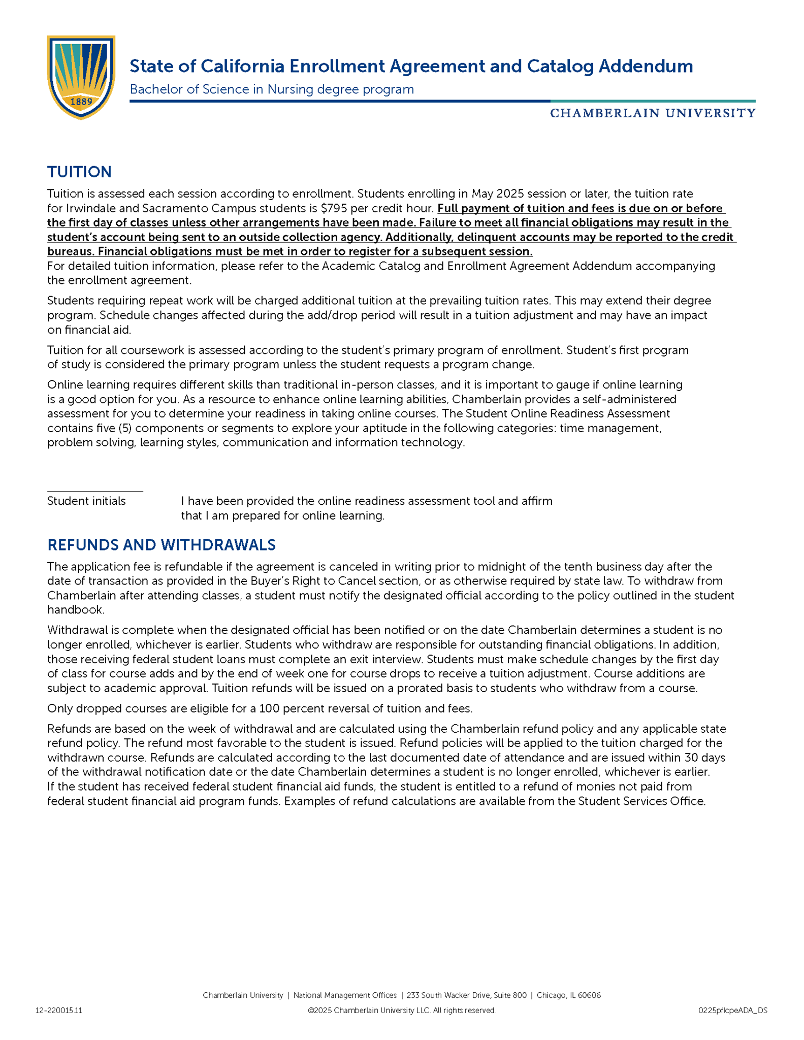 Picture of California Enrollment Agreement and Catalog Addendum - Bachelor of Science in Nursing Degree Program